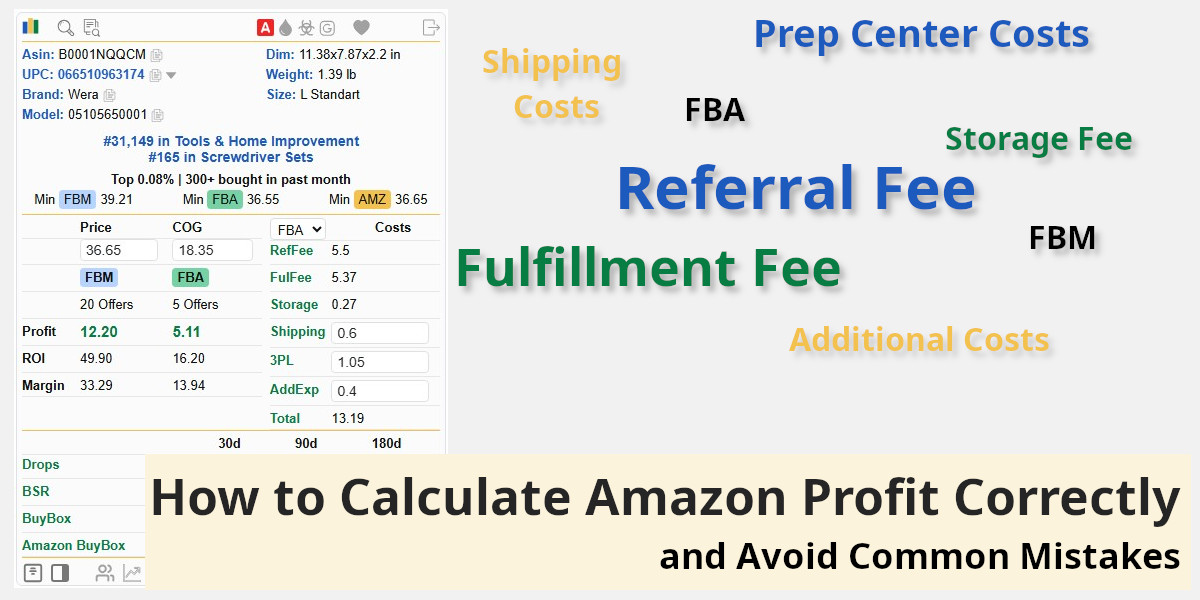Sellerat Chrome extension showing Amazon profit calculation with various Amazon fees like referral, fulfillment, and storage.