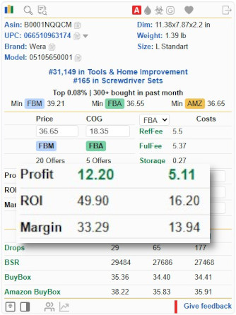 Sellerat showing ROI and net profit