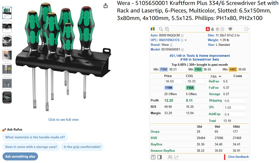 Sellerat Chrome extension showing detailed Amazon profit overview, ROI, and fees directly on product page