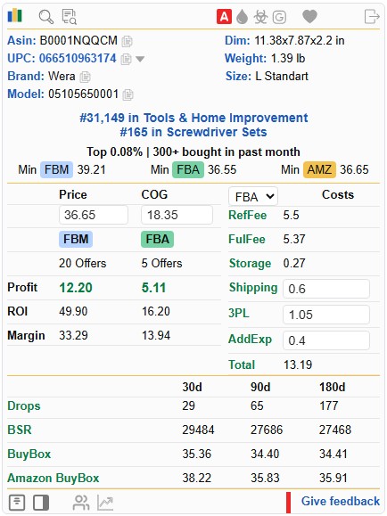 Sellerat Chrome extension displaying detailed Amazon profit calculation with buy cost, shipping, prep fees, and ROI analysis.