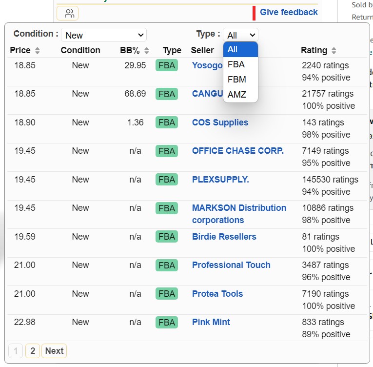 Chrome extension SELLERAT. Sellers Table - Compare seller ratings, product prices, Buy Box percentage, and sort by seller type, condition, or key metrics.